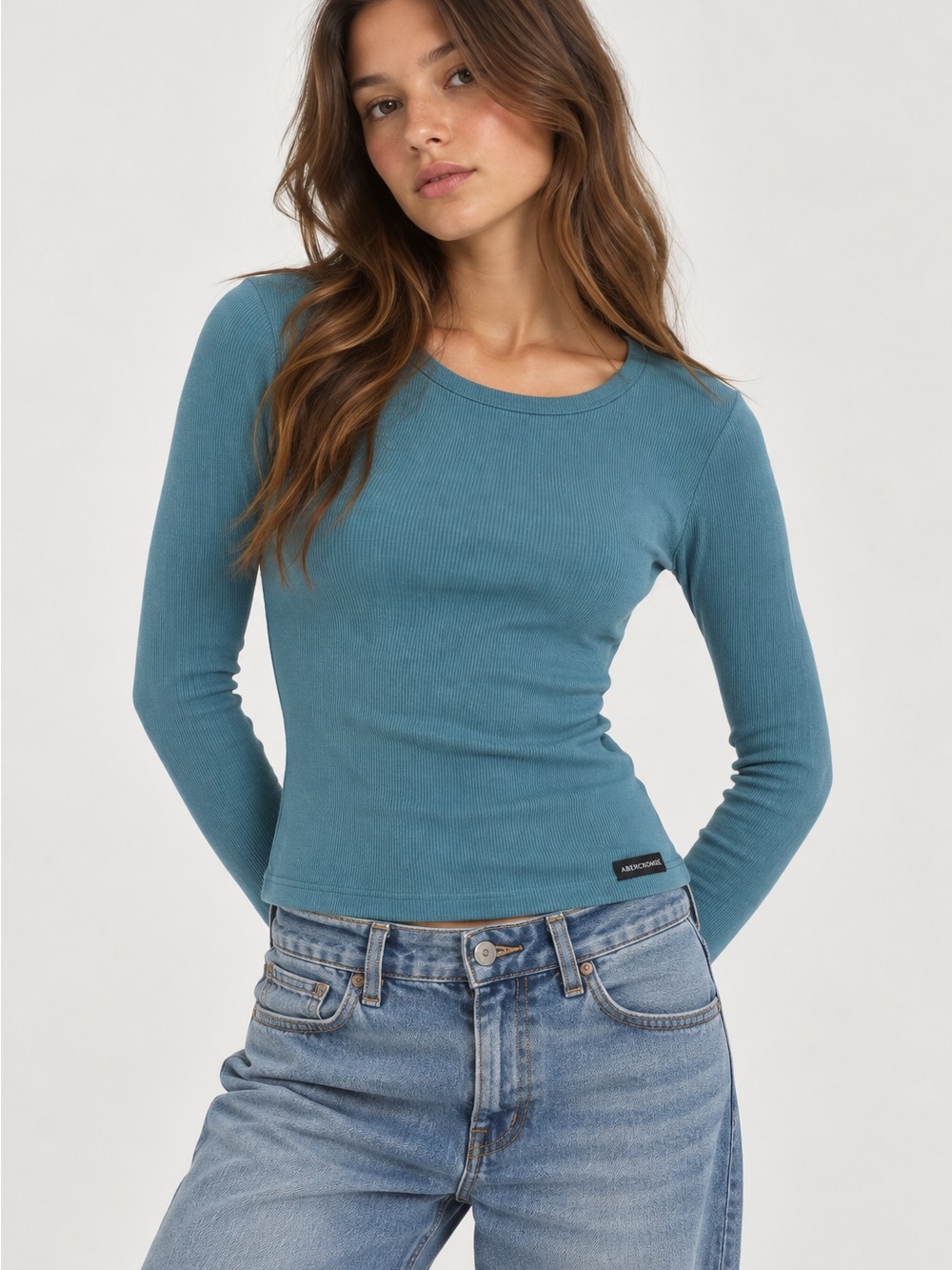Ribbed Long Sleeve Crewneck Top in Teal